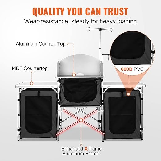 2 VEVOR Camping Kitchen Table, Aluminum Portable Folding Camp Cook Table with Windshield, Storage Organizer, Quick Installation for Outdoor Picnic Beach Party Cooking, Black