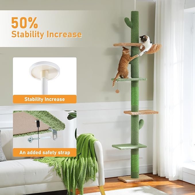 3 PAWZ Road Cat Tree, Cactus Floor to Ceiling Cat Tower with Adjustable Height(95-108 Inches), 5 Level Cat Climbing Tower with Cozy Hammock, Platforms and Dangling Balls for Indoor Cats