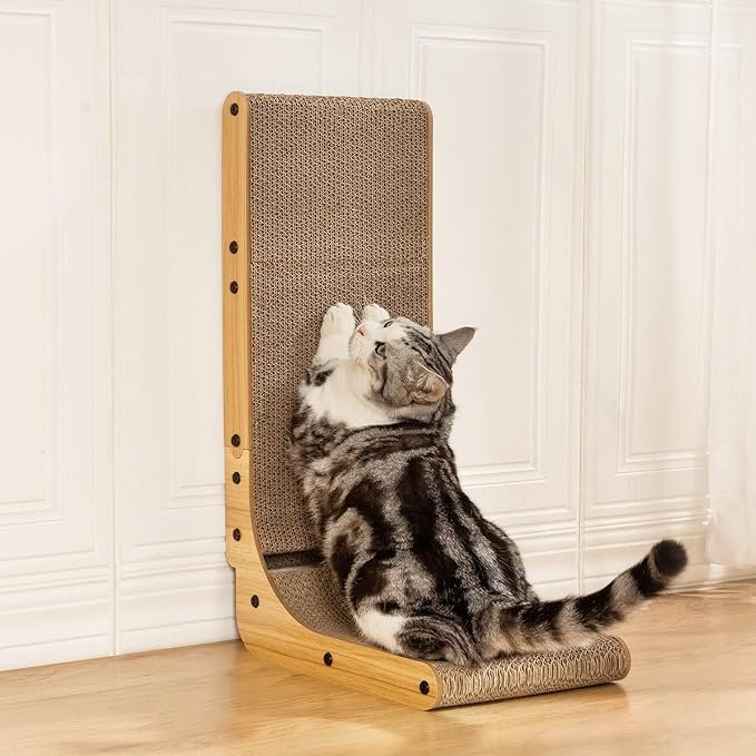 4 L Shape Cat Scratcher, 26.8 Inch Cat Scratchers for Indoor Cats, Protecting Furniture Cat Scratch Pad, Cardboard Cat Scratching with Ball Toy, Catnip, Large