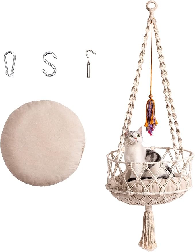 2 MEWOOFUN Hanging Macrame Cat Hammock Bed, Cat Swing Bed Space Saving Window Perch with Washed Cotton Mat & Funny Cat Toy for Indoor Cats