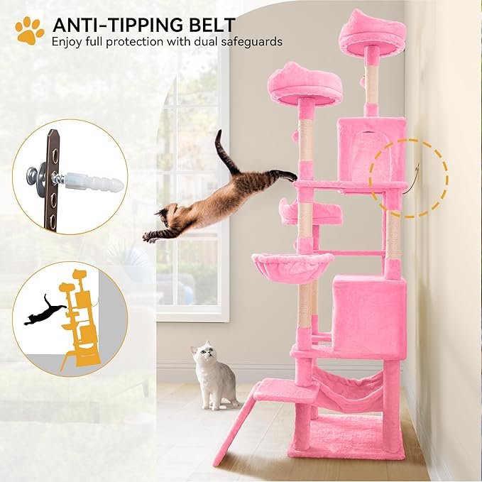 2 YITAHOME Cat Tree Tower for Indoor Cats, 75in Tall Multi-Level Cat Climbing Tower with Cat Condos, Top Perches, Hammock, Sisal Scratching Posts and Board, Kittens Play Activity Center,Pink