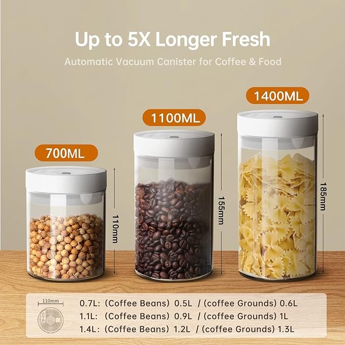 5 47oz / 1400mL Electric Vacuum Sealed Canister for Coffee and Food Storage