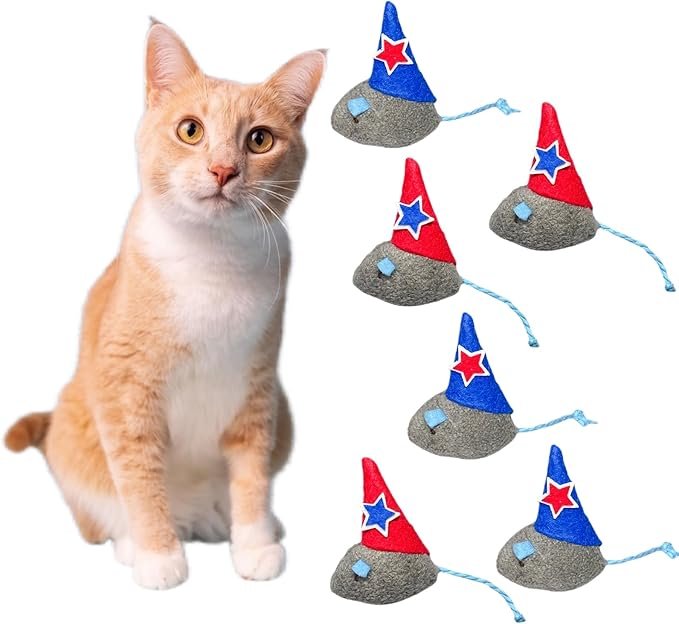 2 Catnip Toy Cat Mice Toys, 4th of July Catnip Filled Soft Plush Mouse Toy, Red and Blue Hat Mice Toys - 6 Packs