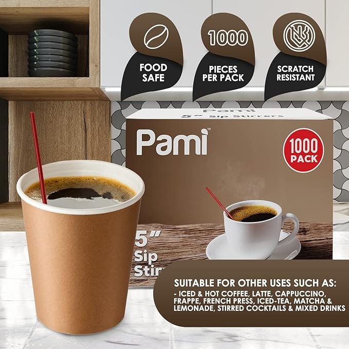 4 PAMI Disposable Coffee Red Sip Stirrers/Straws [Value Pack of 1000 Pcs] - 5” Plastic Cocktail Stirrers For Drinks- Beverage Stirrers For Hot & Cold Drinks- Swizzle Stirring Sticks For Coffee Bar