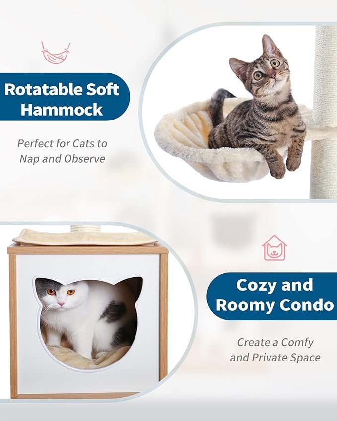 3 Made4Pets Cat Tree, Modern Cat Tree Tower for Indoor Cats - 65" Tall Wood Condo with Hammock, Scratching Post and Removable Pads for Small Large Cats