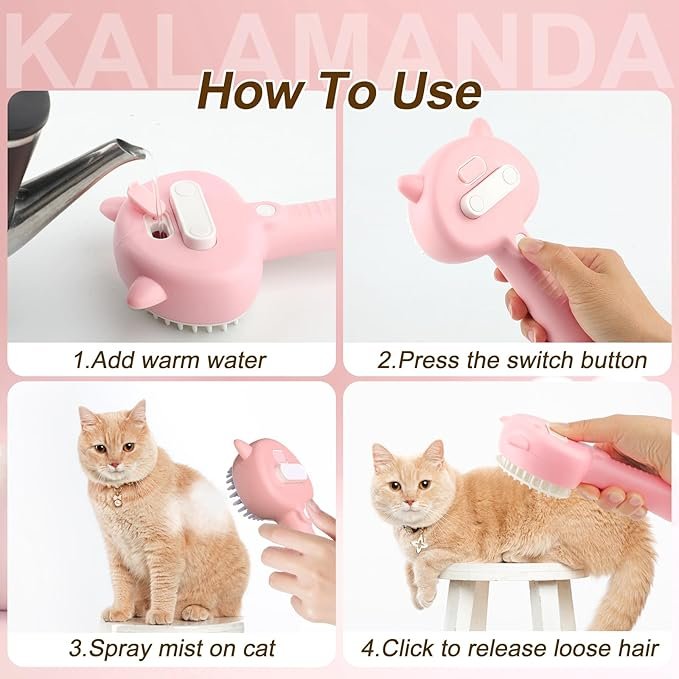 4 Cat Steam Brush for Shedding, 4 in 1 Steamy Cat Brush with Handle, Rubber Pet Misting Brush with Release Button, Mist Dog Comb with Cleanser for Indoor Kittens Small Animals(Pink)