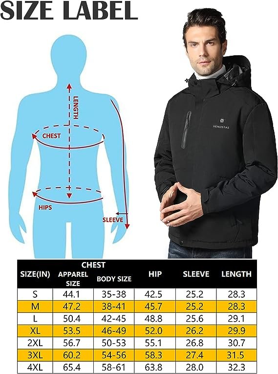 4 Venustas Battery-Powered Men's Heated Jacket, Windproof Coat with Removable Hood