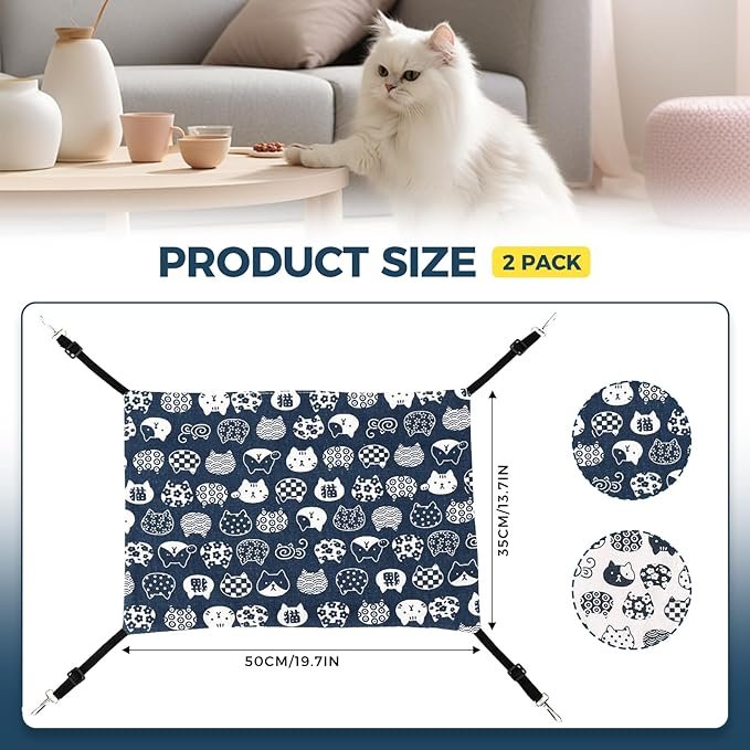 2 Cat Hammock for Cage Hanging Reversible 2Pack,Pet Hammock Bed Adjustable,Soft Sleeping Hammock for Cats,Ferret,Puppy,Rabbits,Small Animals (CAT, M)