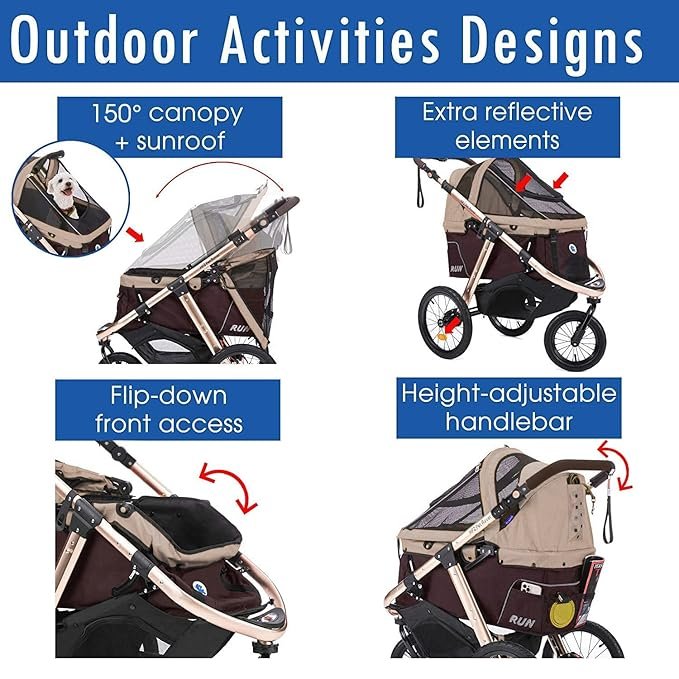 3 HPZ Pet Rover Run Performance Jogging Sports Stroller with Comfort Rubber Wheels/Zipper-Less Entry/1-Hand Quick Fold/Aluminum Frame for Small/Medium Dogs, Cats and Pets (Taupe)