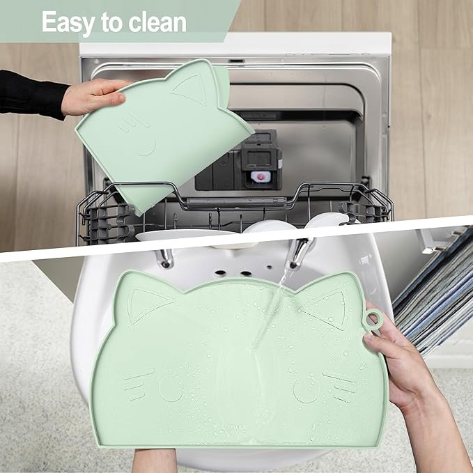 4 Coomazy Cat Food Mat, Waterproof Non-Slip Silicone Dog Water Bowls Mat for Floors Carpets, Raised Edge Design to Prevent Food Spills and Water Runoff, Cyan