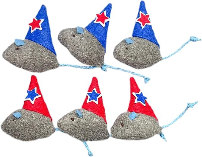 1 Catnip Toy Cat Mice Toys, 4th of July Catnip Filled Soft Plush Mouse Toy, Red and Blue Hat Mice Toys - 6 Packs