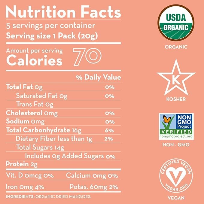 1 Sunny Fruit Soft Organic Dried Mangoes - 1 Bag (5 Individual Portion Packs) | Healthy, Convenient Snack Packs | NON-GMO, VEGAN, HALAL, KOSHER, NO PRESERVATIVES, NO SULFIDES, NO SUGAR ADDED