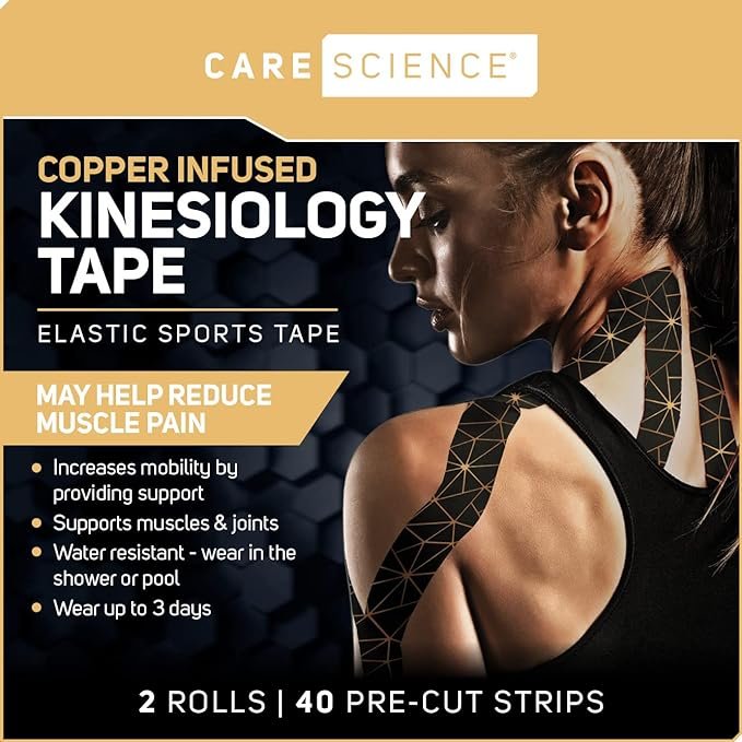 1 Care Science Waterproof Kinesiology Tape, 40 ct Precut Strips (2 Rolls), Copper Infused | Water Resistant Strips, Elastic Athletic Tape for Sports & Weightlifting, Muscle Strain Relief & Joint Support