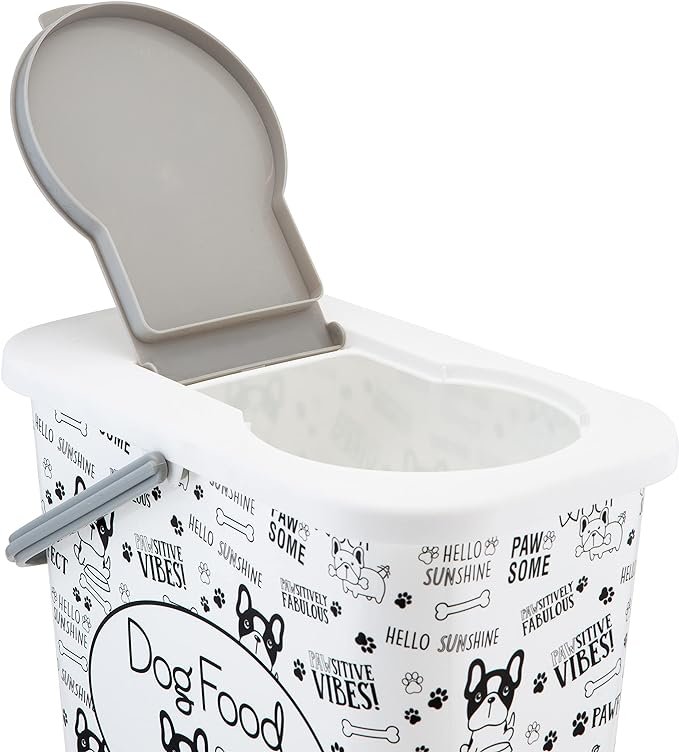4 Pounce + Fetch 3 Gallon Pet Dry Food Container with Scooper | Dog Food Organizer | Helps Organize Pantry and Cabinets | Dog & Puppy Print Design | Carrying Handle | Flip Top Lid,White
