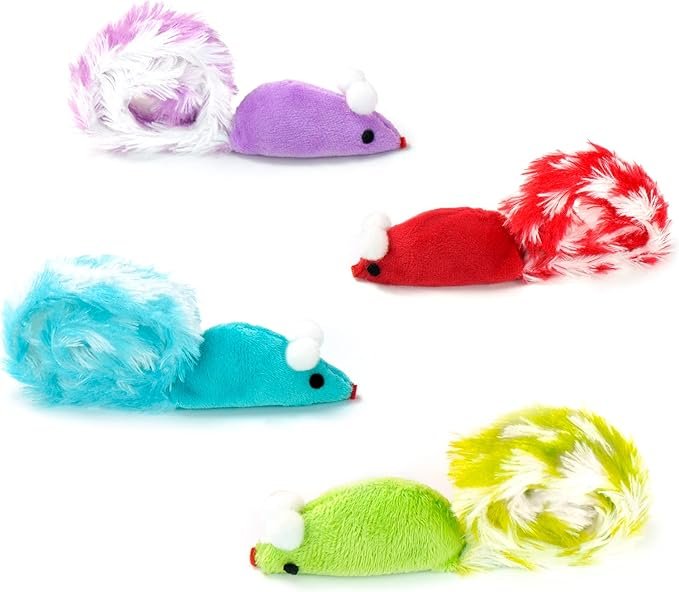 3 CHIWAVA 4 Packs 15 Inch Long Soft Plush Cat Toys Mice with Rattle Rustle Sound Small Mouse Activity Interactive Toy