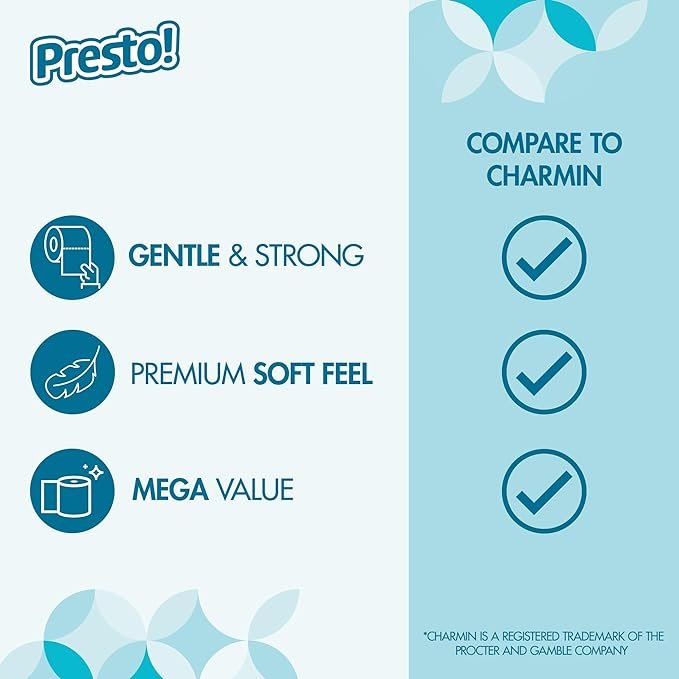 2 Amazon Brand - Presto! Toilet Paper, Soft and Absorbent, 6 Count (Pack of 4), 24 Family Mega Rolls = 120 regular rolls