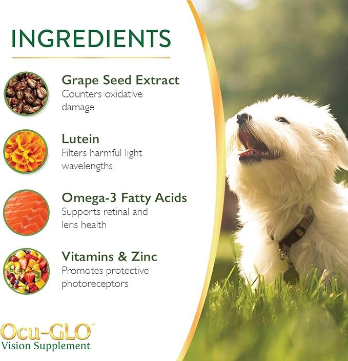2 Ocu-GLO Cat & Dog Senior Supplement for Eye Support - Chewable Vision Vitamins Supplements for Large and Small Pets Care with Lutein, Omega-3 Fatty Acids, Grape Seed Extract & Antioxidants