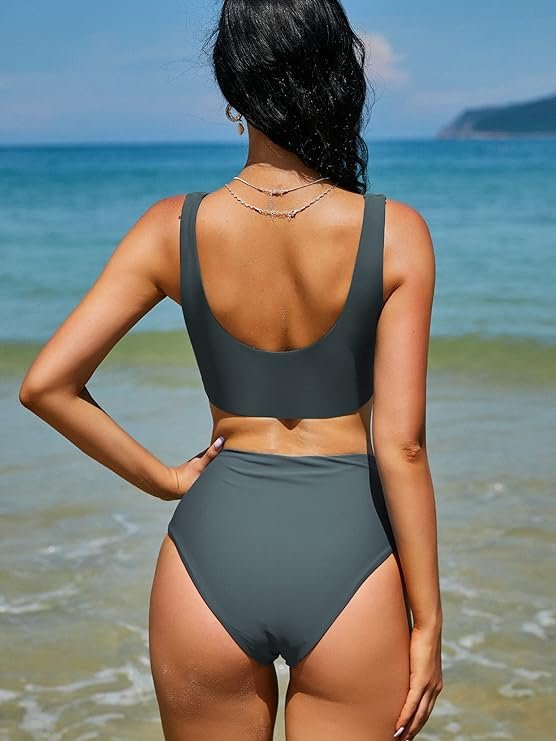 1 ZAFUL Women's Two-Piece Swimsuit with Keyhole Bandeau and High-Waisted Bottoms
