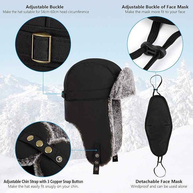 2 Unigear Winter Trapper Hat for Men Women, Windproof Water-Resistant Faux Fur Ushanka Trooper Hat for Hunting Skiing with Detachable Mask Black