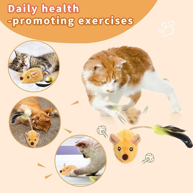 1 Interactive Cat Toy Mouse with LED Lights, Moving Automatic Chirping Mouse Toy Squeaky with Feather Tail, for All Breeds Cat Indoor/Outdoor Boredom Exercise, USB Rechargeable (Yellow)