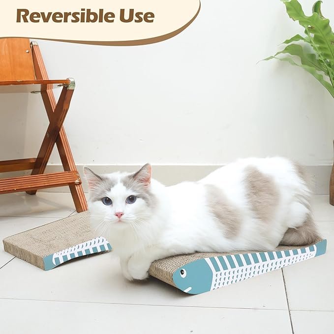 4 ComSaf Cat Scratching Board 2 Pack, Cat Scratcher Cardboard, Curved Cat Scratcher, Cute Cat Scratch Pad for Kitty, Recycle Cardboard Cat Scratcher, Double-Sided Pad for Long Lasting Use (Blue)