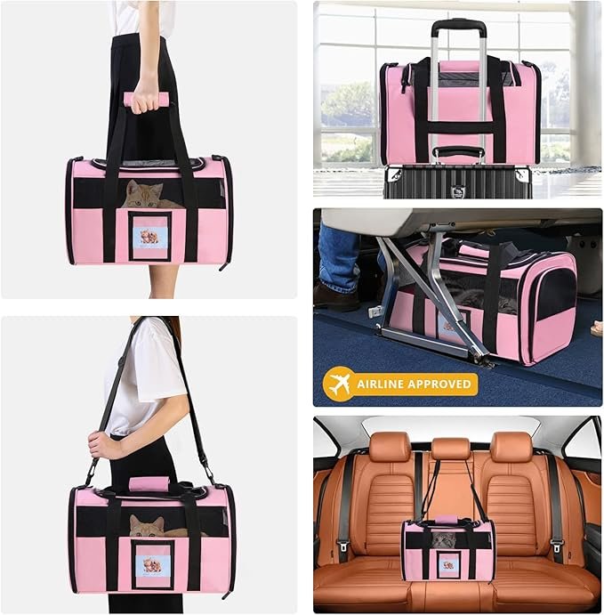 4 Seclato Cat Carrier, Dog Carrier, Pet Carrier Airline Approved for Cat, Small Dogs, Kitten, Cat Carriers for Small Medium Cats Under 15lb, Collapsible Soft Sided TSA Approved Cat Travel Carrier, Pink