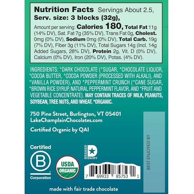 1 Lake Champlain Organic Dark Chocolate Peppermint Crunch Candy Bar, 3 Ounces