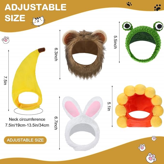 1 5 Pcs Cat Hat Adorable Costume Bunny Hat with Ears Funny Mane Hat for Cats and Small Dogs Kitten Puppy Party Costume Accessory Headwear (Lion, Frog, Rabbit, Sunflower, Banana)