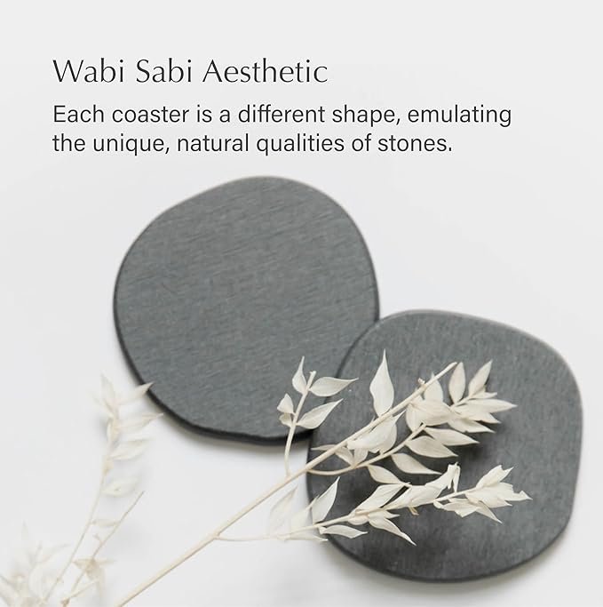 5 DORAI Home Stone Coaster Set - 4 Stone Coasters with Absorbent Diatomaceous Earth for Instant Drying Round Coasters for Drinks Modern Home Decor - Slate Stone