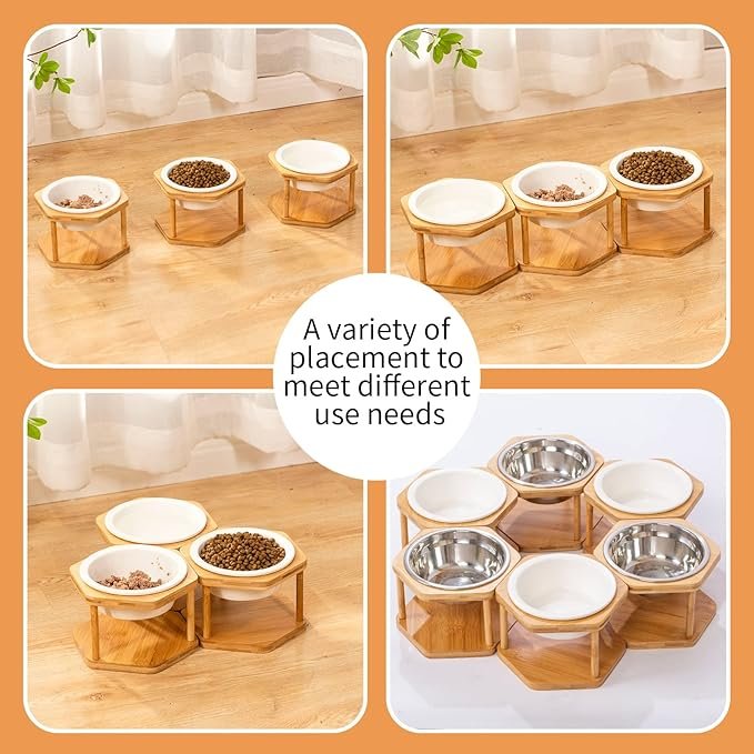 2 Lusifaco Set of 3 Single Elevated Cat Bowls, Ceramic Raised Cat Food Water Bowl with Bamboo Stand, Porcelain Pet Dishes Stand Feeder with Anti Slip Feet for Cats and Small Dogs, 13 oz(Ceramic)