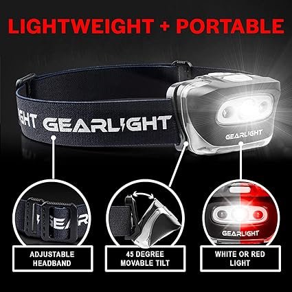 2 GearLight 2Pack LED Headlamp - Outdoor Camping Headlamps with Adjustable Headband - Leightweight Headlight with 7 Modes and Pivotable Head - Bright Headlamps for Adults with a Machine Washable Band