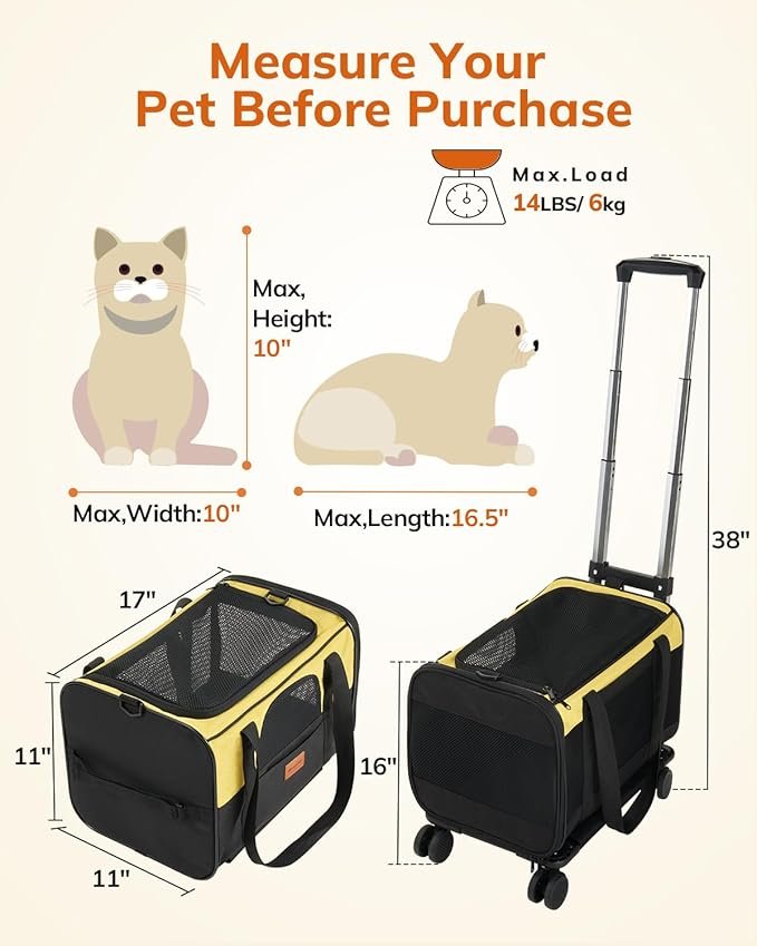 2 Morpilot Cat Carrier with Wheels Airline Approved, Pet Dog Carrier with Wheels for Small Dogs, Rolling Cat Carrier for Large Cats Puppy Stroller Detachable and Foldable Pet Travel Bag Black&Yellow