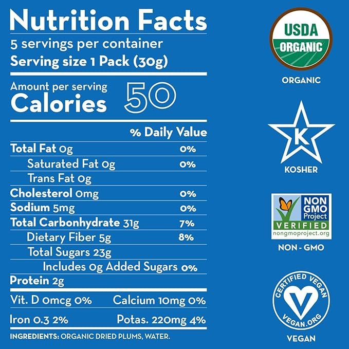 1 Sunny Fruit Soft Organic Prunes - 1 Bag (5 Individual Portion Packs) | Healthy, Convenient Dried Plums Snack Packs | ORGANIC, NON-GMO, VEGAN, HALAL, KOSHER, NO PRESERVATIVES, NO SUGAR ADDED