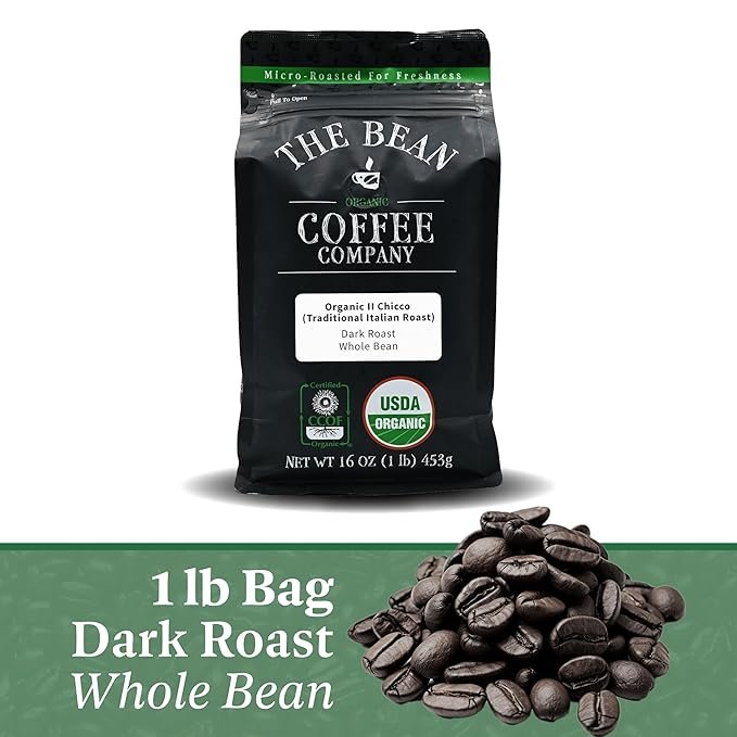 1 The Bean Organic Coffee Company Il Chicco (Traditional Italian Roast), Dark Roast, Whole Bean Coffee, 16-Ounce Bag