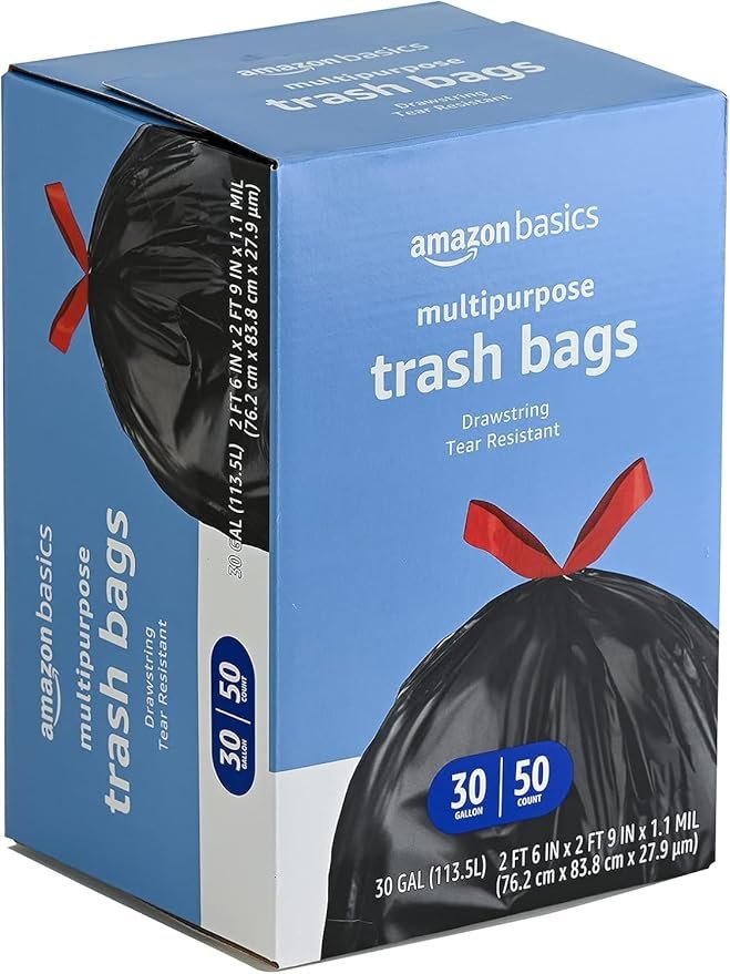 2 Amazon Basics Multipurpose Drawstring Trash Bags, Unscented, 30 Gallon, 50 Count (Previously Solimo)