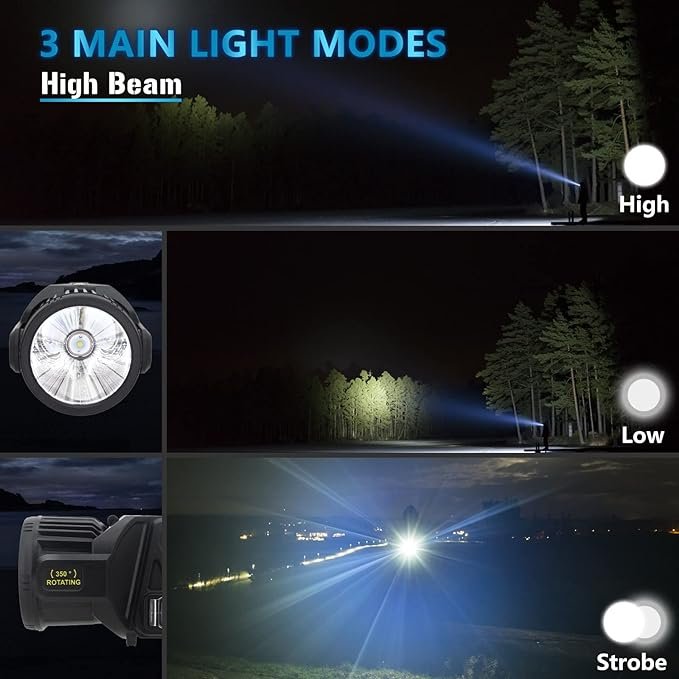 1 JSKNB 300000 Lumens Light Beam, Rechargeable LED Handheld Torch with 350° Rotating Head, 9 Modes Ultra Bright Outdoor Spotlight, Water-Resistant Solar Flashlight for Emergency Situations