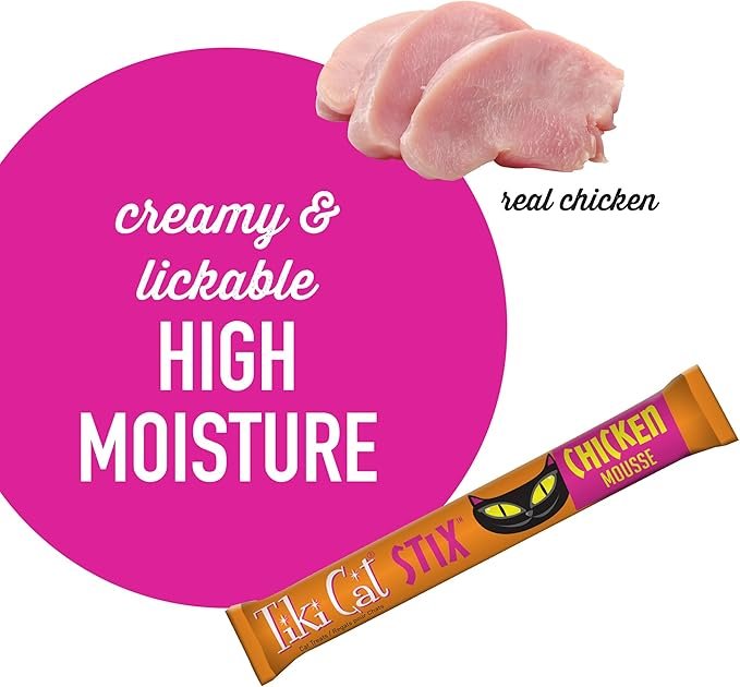 2 Tiki Cat Stix Mousse Treats, Single Serve Indulgent Lickable Treat or Dry Food Topper, with Chicken in Creamy Gravy, 0.5 oz. Pouch (Pack of 20)
