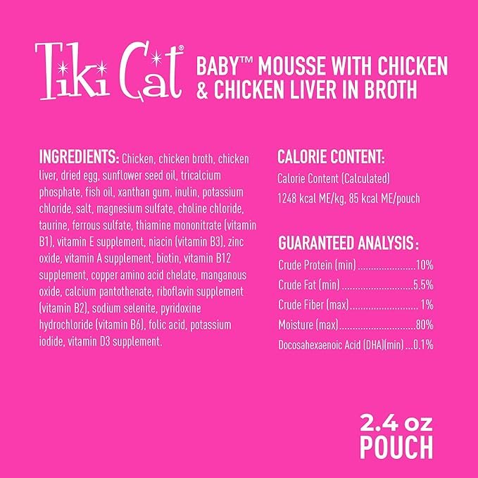 1 Tiki Cat Baby, Chicken and Chicken Liver, Grain-Free and Nutrient Rich, Wet Cat Food for Kittens 4 Weeks+, 2.4 oz. Pouch (Pack of 12)