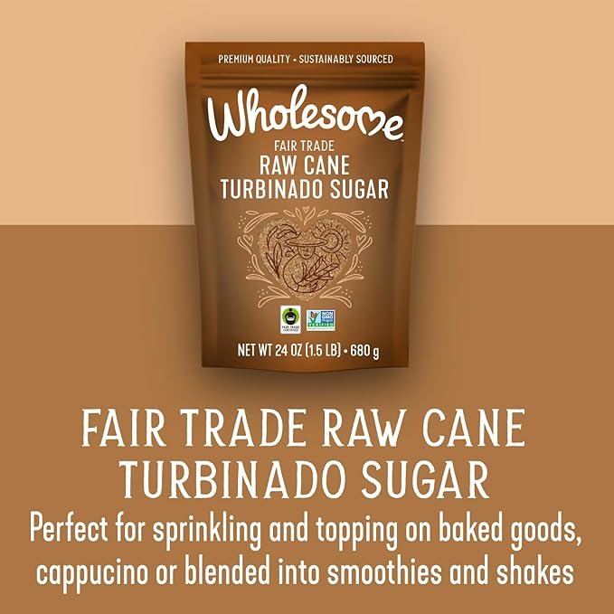 2 Wholesome Sweeteners Raw Cane Fair Trade Unrefined Non GMO Gluten Free 1.5 Pound Pack of, Natural Turbinado Sugar, 288 Ounce, (Pack of 12)