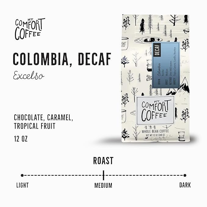 1 Mt. Comfort Coffee Decaf Colombia Medium Roast, 12 Ounce - Flavor Notes of Chocolate, Caramel and Tropical Fruit - Sourced From Small, Colombian Coffee Farms - Roasted Whole Beans