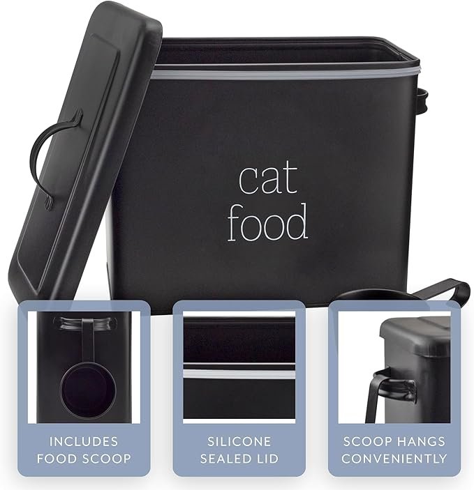 1 AuldHome Farmhouse Cat Food Container (Black); Enamel Look Rustic Cat Food Bin with Scoop
