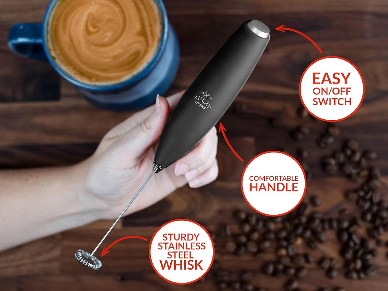 2 Black Zulay Titanium Milk Frother - Handheld Electric Whisk, Milk Foamer, Mini Blender, and Electric Mixer for Coffee, Frappe, Matcha - Upgraded Powerful Motor, No Stand