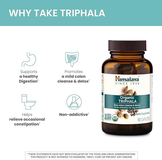 2 Himalaya Organic Triphala Herbal Supplement for Colon Cleansing, Supports Regularity, Occasional Bloating, Waste Elimination, USDA Organic, Non-GMO, Vegan, 688 mg, 30 Plant-Based Caplets