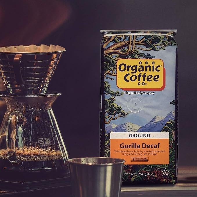 3 The Organic Coffee Co. Ground Coffee - Gorilla Decaf (12oz Bag), Medium Roast, Swiss Water Processed, USDA Organic