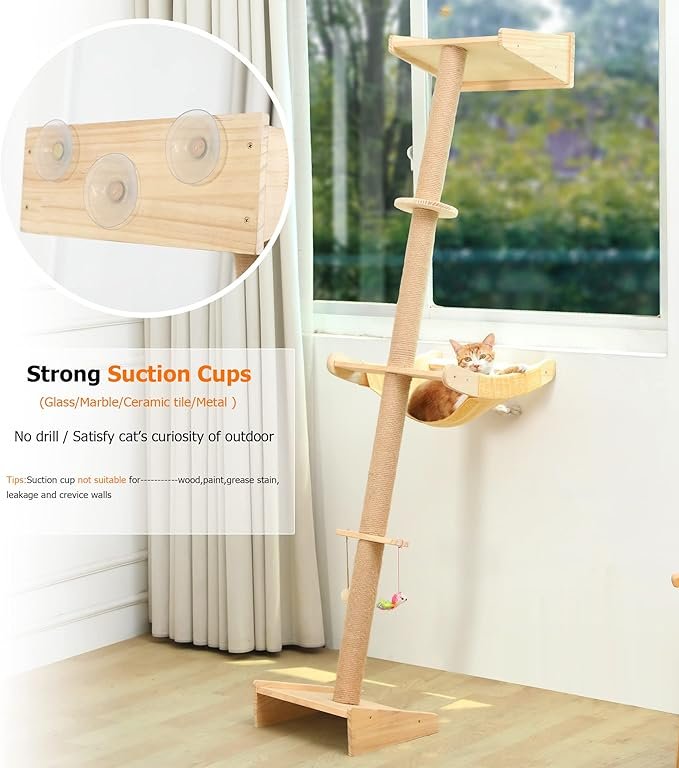1 Wall Cat Tree with Hammock, 76" Tall Cat Wall Furniture Lean Against Wall Cats Climbing Tower for Active Indoor Climbers with Simply Suctions to Window