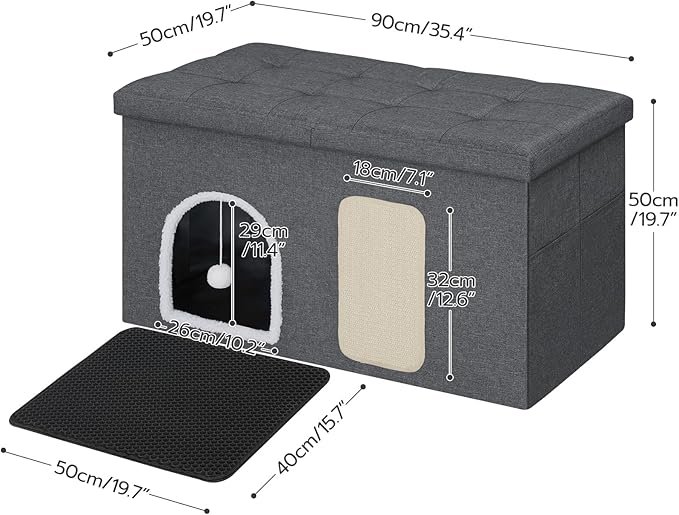 3 HOOBRO Cat Litter Box Enclosure, 35.4" Hidden Litter Box Enclosure, Cat Litter Box Furniture with Cat Mat, Including Scratching Board and Cat Toy, Waterproof, Easy Assembly, Gray GYZ90MW03