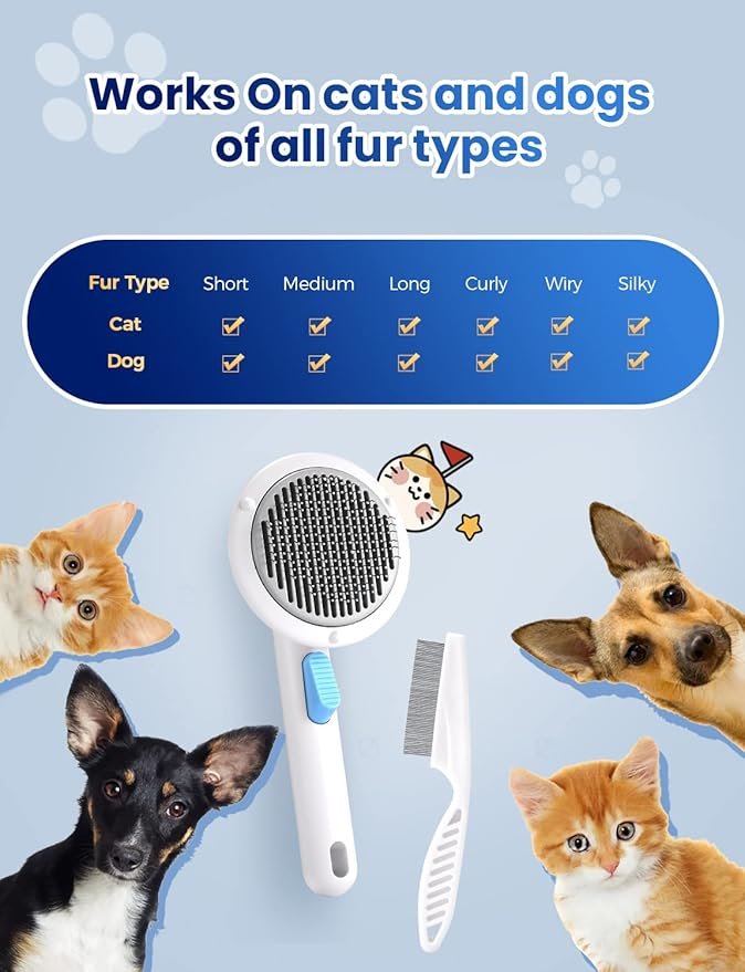 3 Cat Hair Brush with Release Button, RIFNEEIM Pet Self Cleaning Slicker Brush for Shedding and Grooming, Mats Tangled Hair Shedding Brush with Cat Flea Comb White