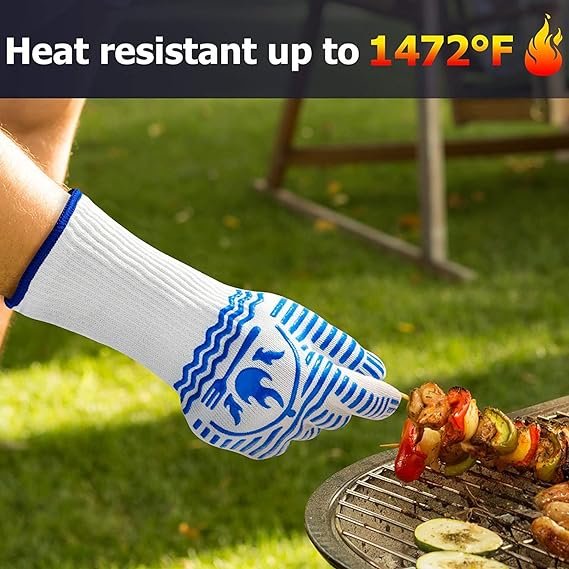 2 QUWIN BBQ Gloves, Oven Gloves 1472℉ Extreme Heat Resistant, Grilling Gloves Silicone Non-Slip Oven Mitts, Kitchen Gloves for BBQ, Grilling, Cooking, Baking-1 Pair… (One Size(Long Cuff), Blue)