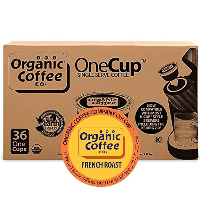 5 The Organic Coffee Co. Compostable Coffee Pods - French Roast (36 Ct) K Cup Compatible including Keurig 2.0, Dark Roast, USDA Organic