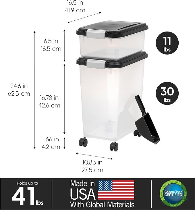 3 IRIS USA 30 lbs & 11 lbs Combo Airtight Dog Food Storage Container, Stackable Treat Box, 2-Cup Scoop, Casters, Keep Fresh, Easy Mobility, Black